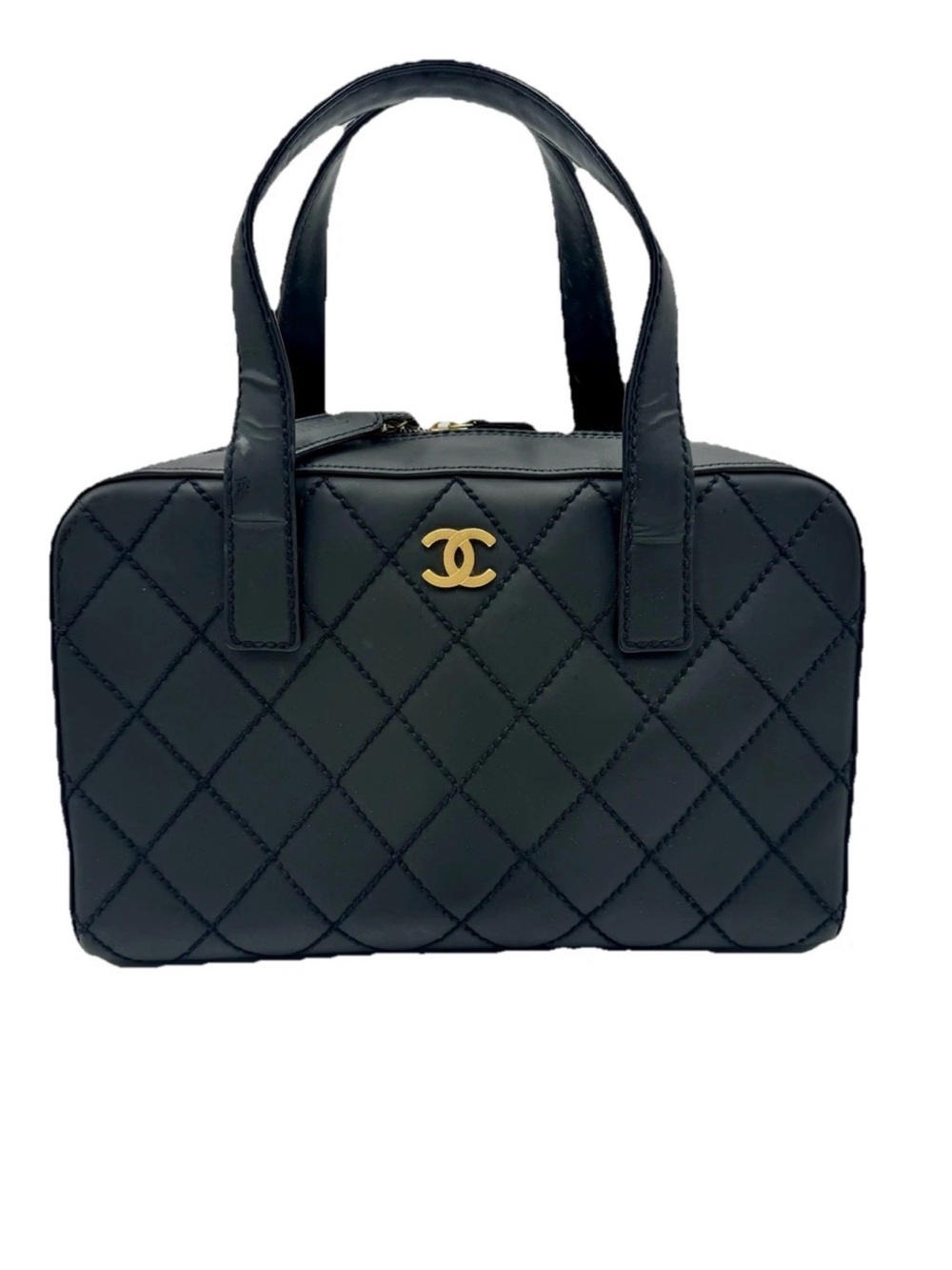 CHANEL Black Quilted Leather Top-Handle Shoulder Bag with Gold CC